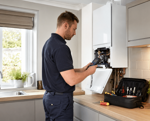 Heating engineer checking a boiler before winter