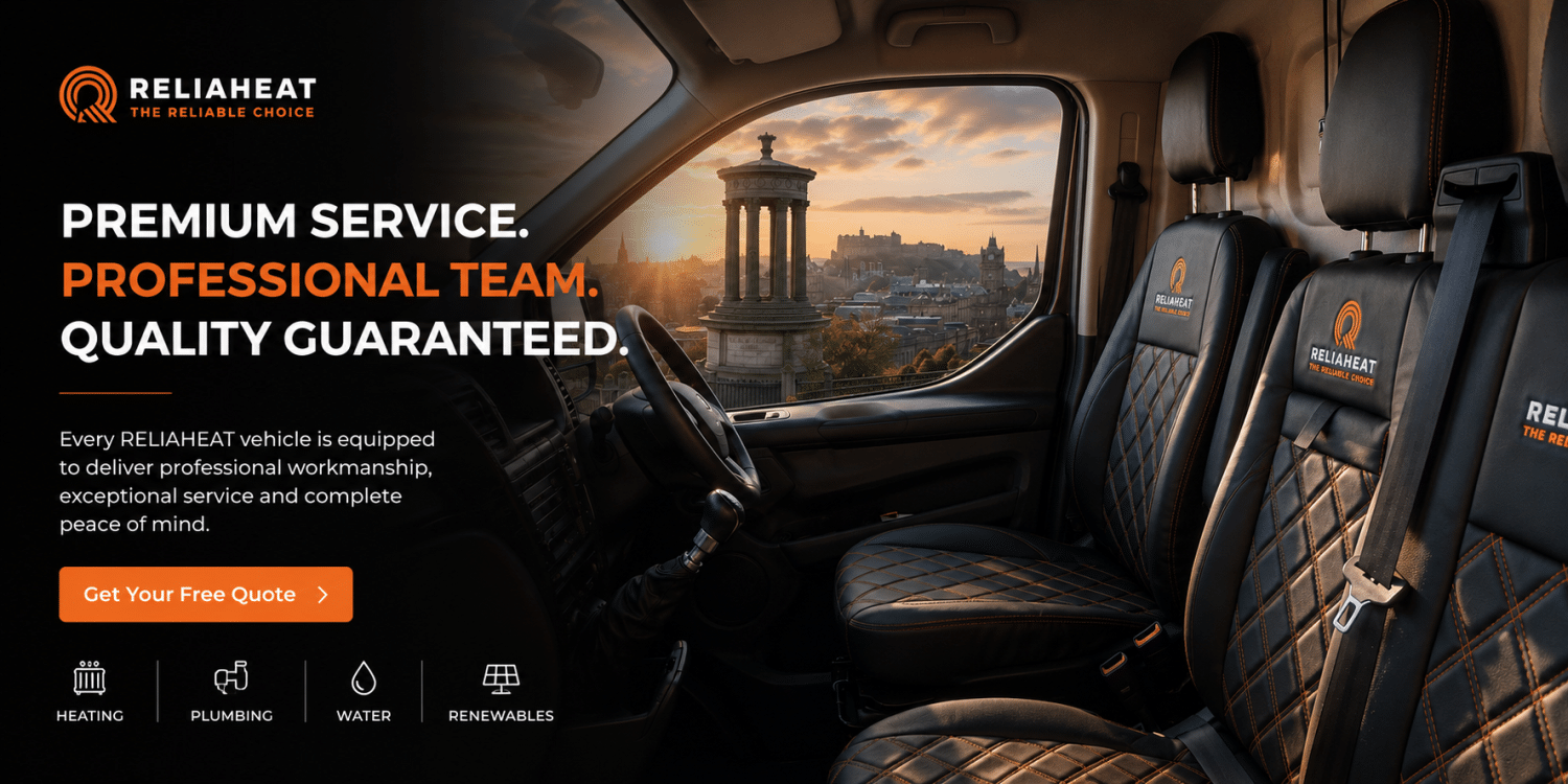 Reliaheat banner inside van ReliaHeat branded work van interior overlooking Edinburgh