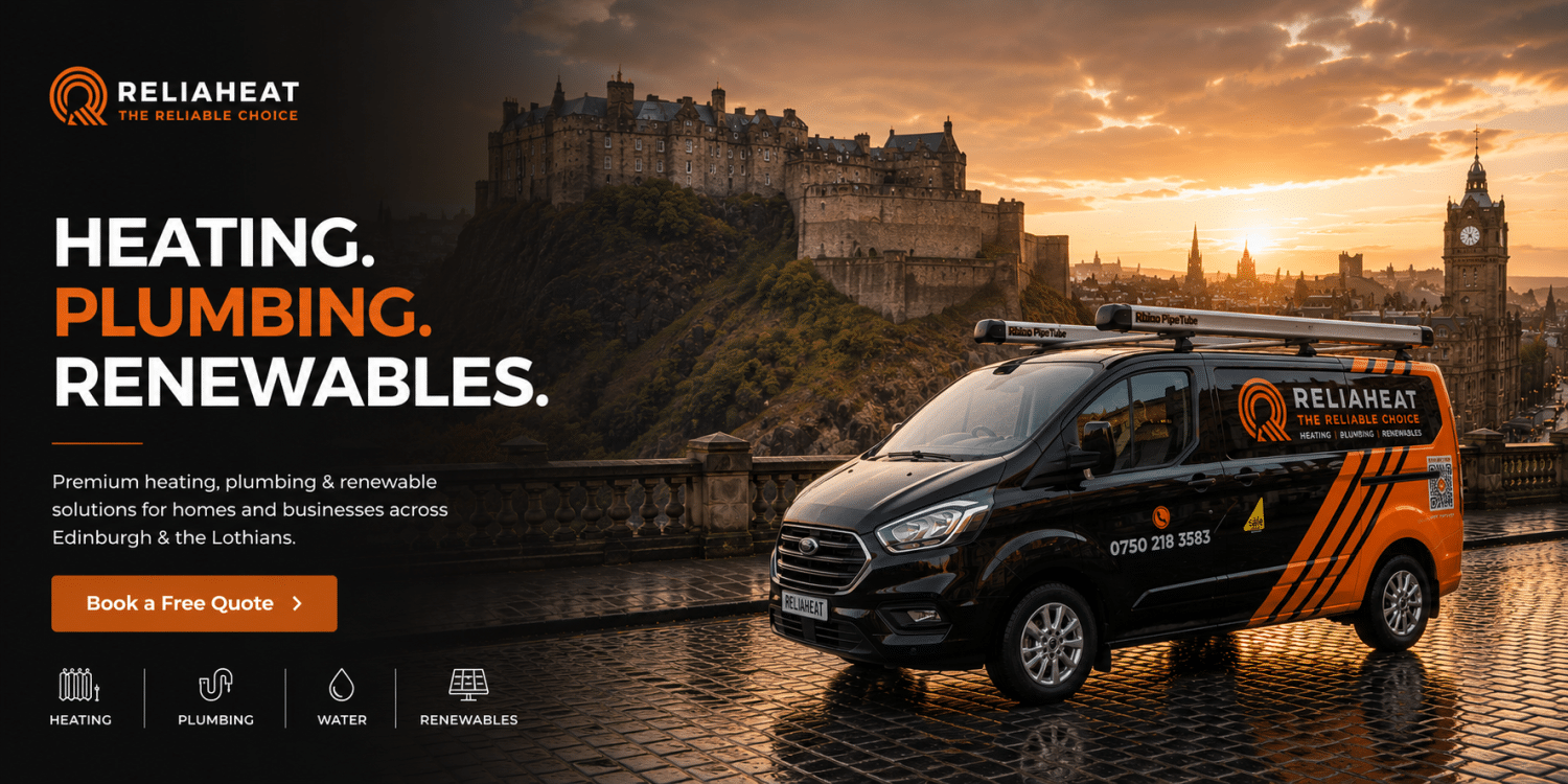 home page hero banner ReliaHeat plumbing and heating van in Edinburgh